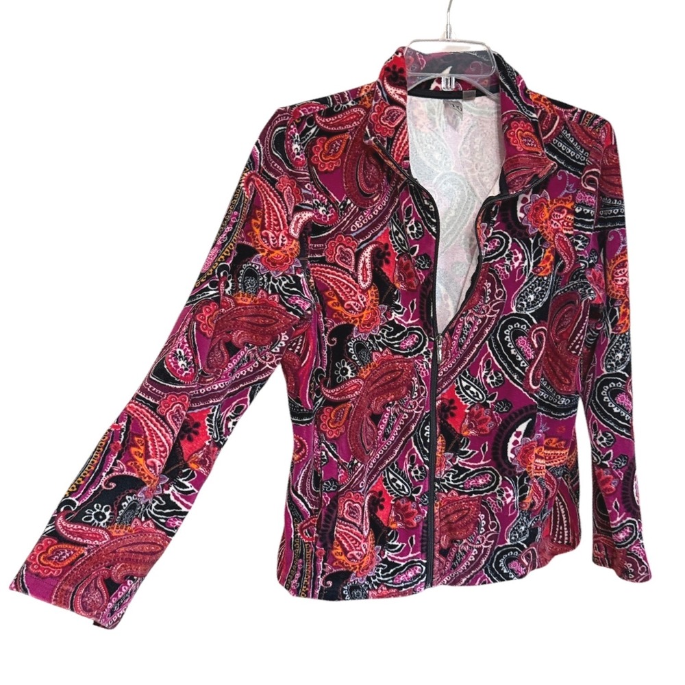 Thomas & Olivia Womens M Pink Paisley Full Zip Mock Neck Bomber Jacket Pockets